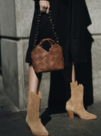 Caramel Woven Leather Basket Handbag with Adjustable Crossbody Shoulder Strap