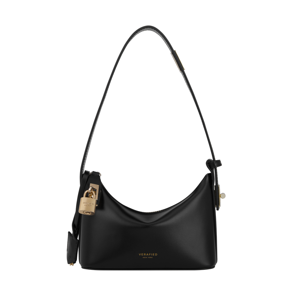 Chic Mini Black Leather Hobo Shoulder Bag with Gold Hardware, Versatile Style