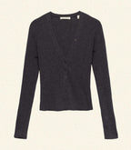 Chic Merino Wool Ribbed V-Neck Henley Top - Charcoal Grey Long Sleeve