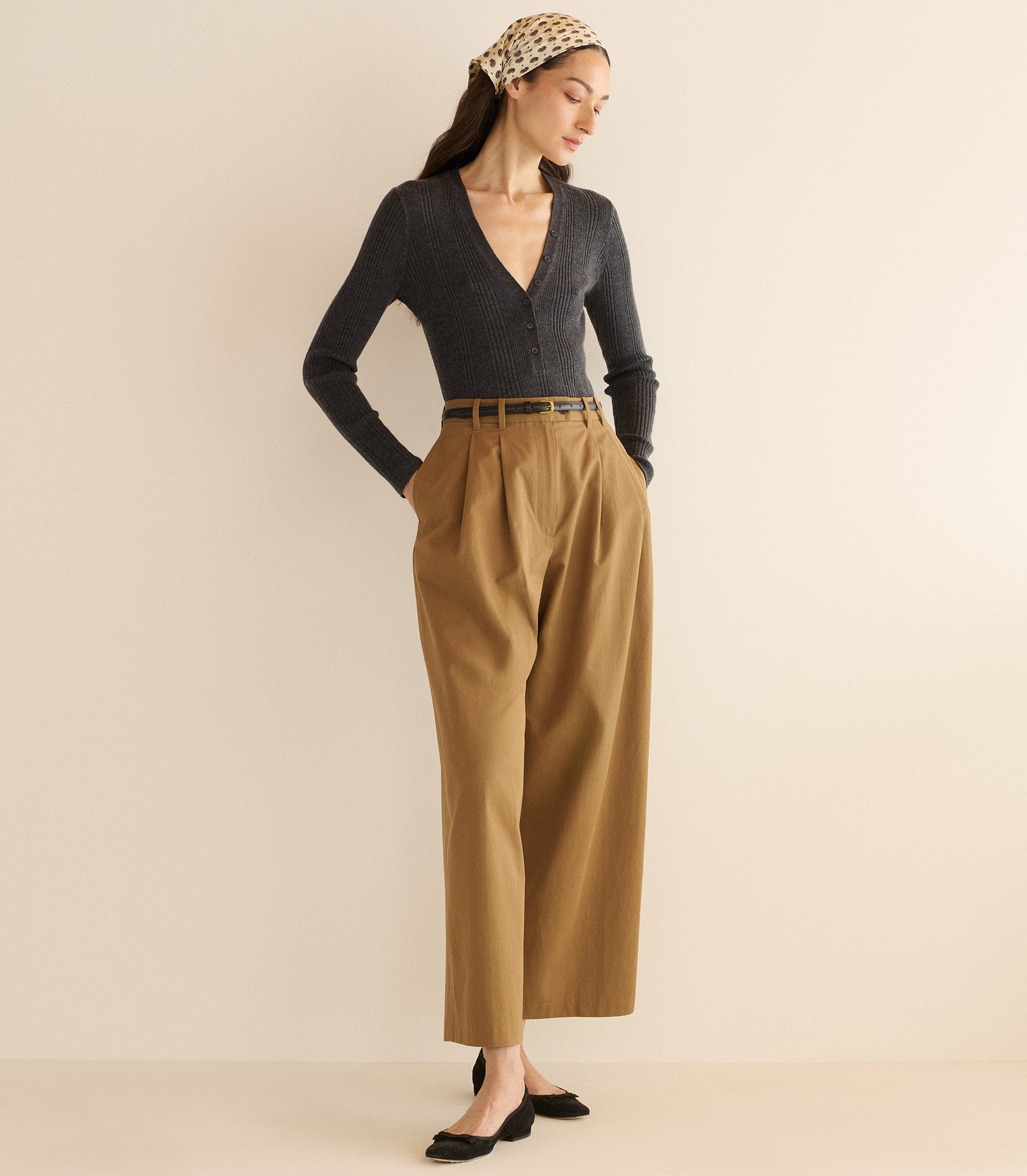 Chic Merino Wool Ribbed V-Neck Henley Top - Charcoal Grey Long Sleeve