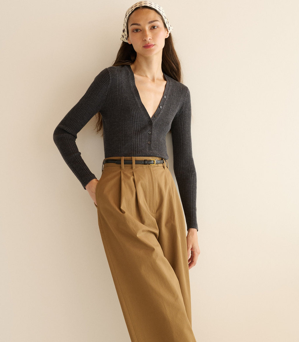 Chic Merino Wool Ribbed V-Neck Henley Top - Charcoal Grey Long Sleeve