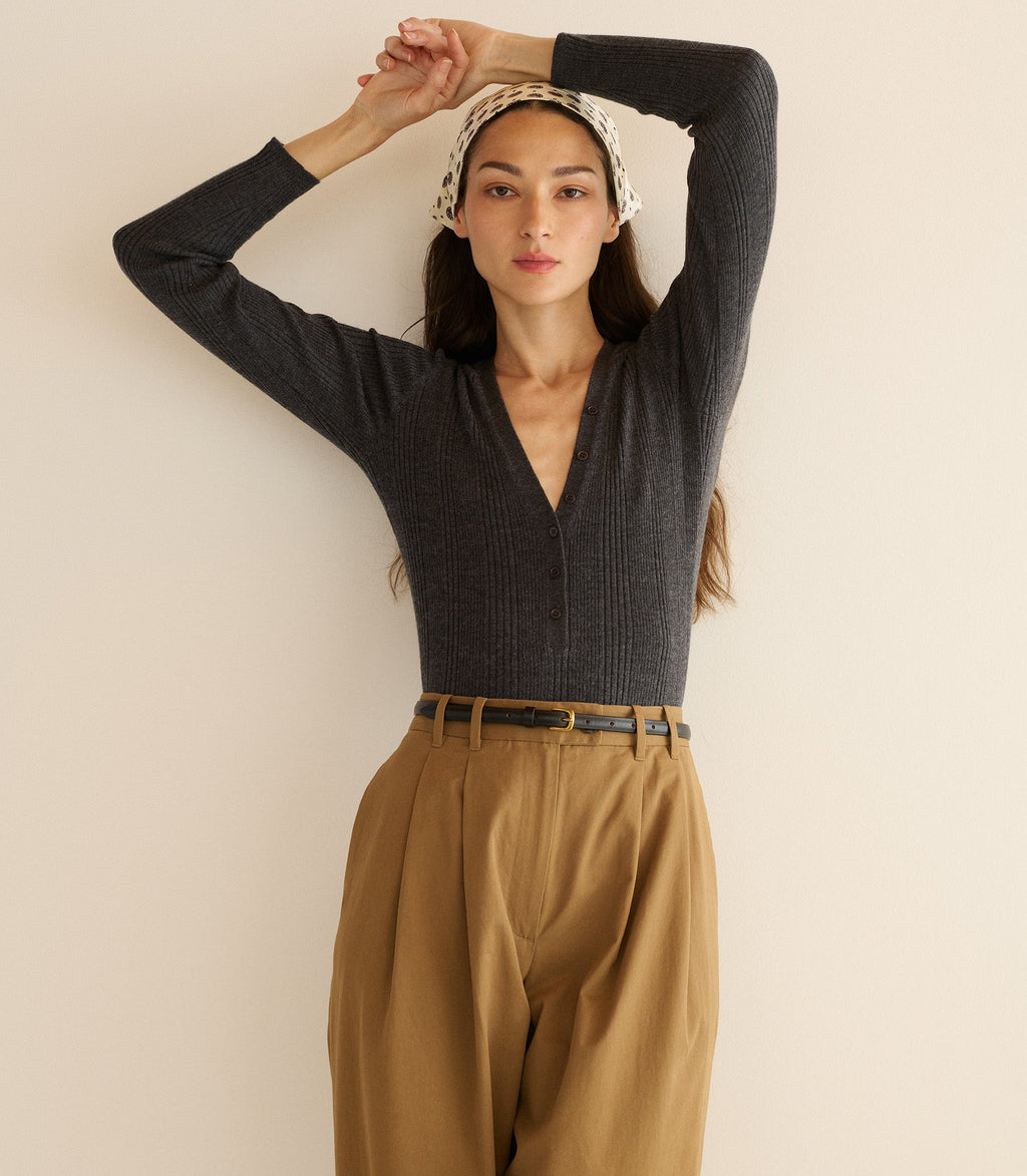 Chic Merino Wool Ribbed V-Neck Henley Top - Charcoal Grey Long Sleeve