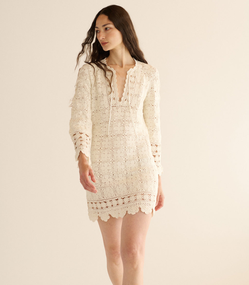 Elegant Hand-Crocheted Pima Cotton Alea Tunic Dress with Bell Sleeves