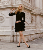 Elegant Black '60s Inspired Merino Wool Tiered Mini Dress with Ruffle Cuffs