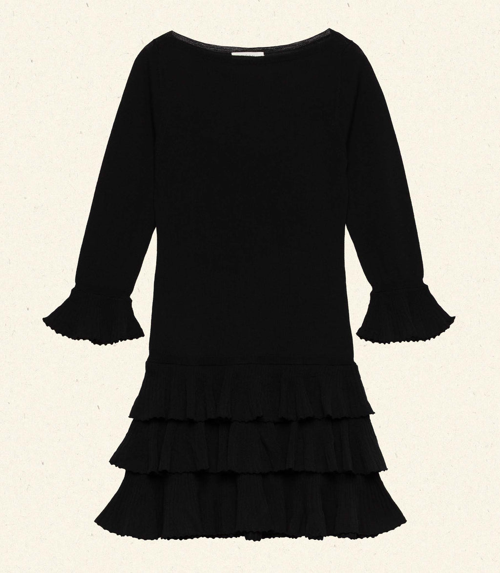 Elegant Black '60s Inspired Merino Wool Tiered Mini Dress with Ruffle Cuffs