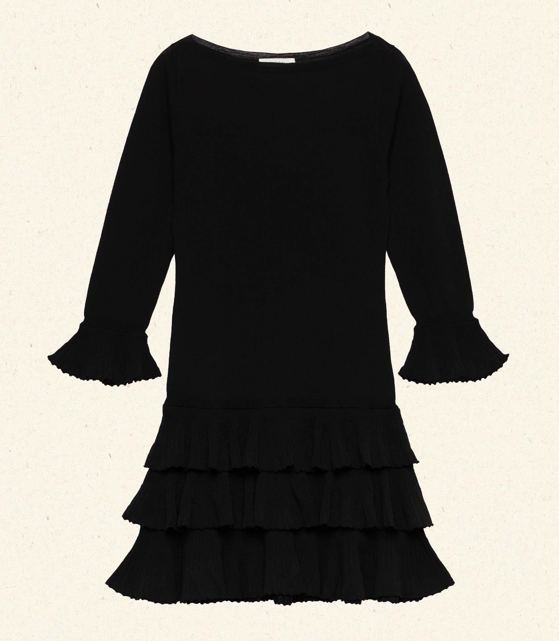 Elegant Black '60s Inspired Merino Wool Tiered Mini Dress with Ruffle Cuffs