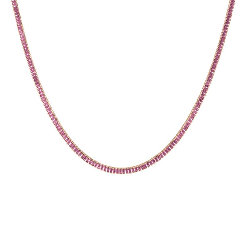 Stunning Lab Grown Pink Sapphire Baguette Tennis Necklace, Yellow Gold Vermeil, 16-inch
