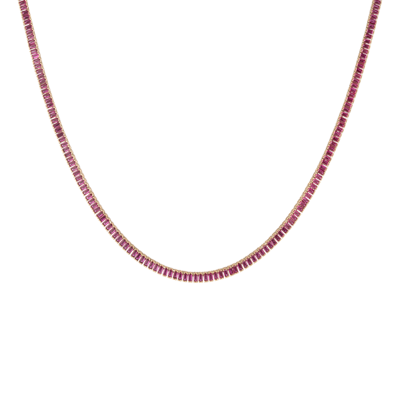 Dazzling 16in Lab Grown Red Ruby Baguette Tennis Necklace, Yellow Gold Vermeil