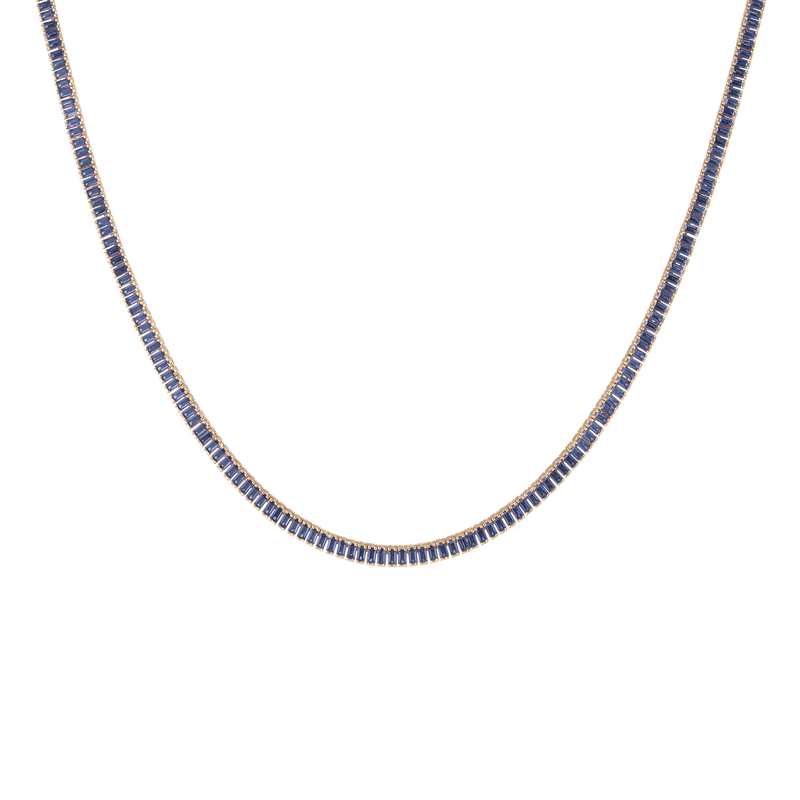 Stunning Lab Grown Blue Sapphire Baguette Tennis Necklace, Vermeil Yellow Gold, 16in