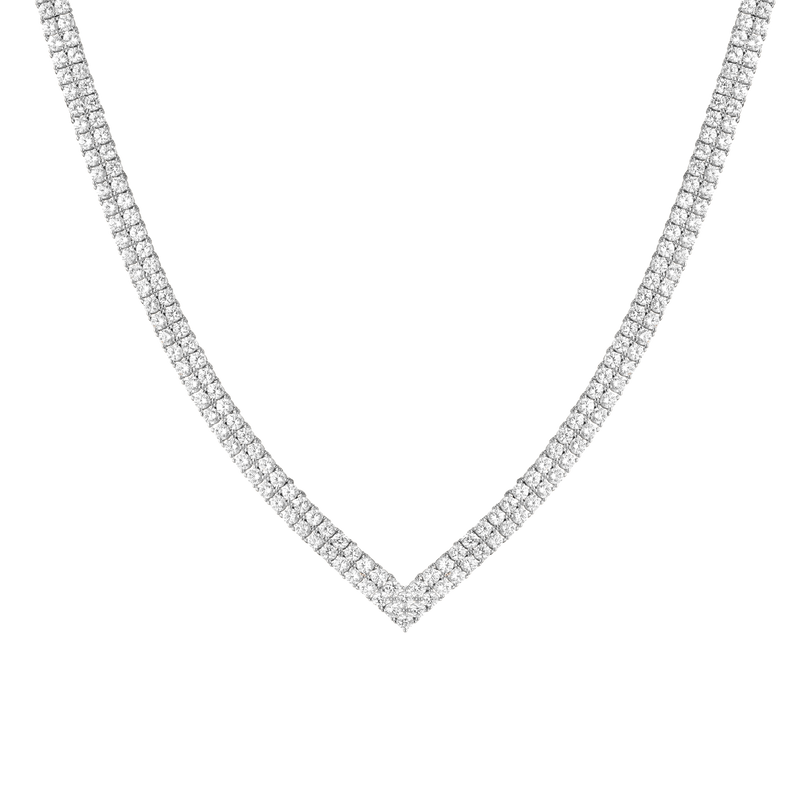 Dazzling Lab Grown White Sapphire V Shape Tennis Necklace - Rhodium Silver, 13.6 Carat