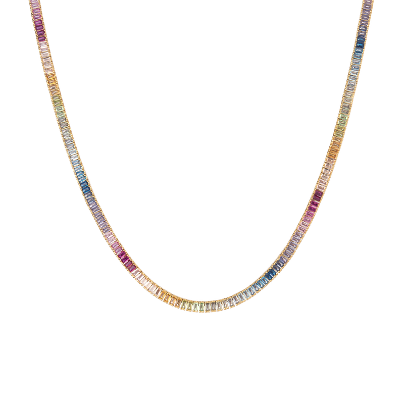 Vermeil Rainbow Baguette Tennis Necklace, Lab Grown Gemstones, 16-inch