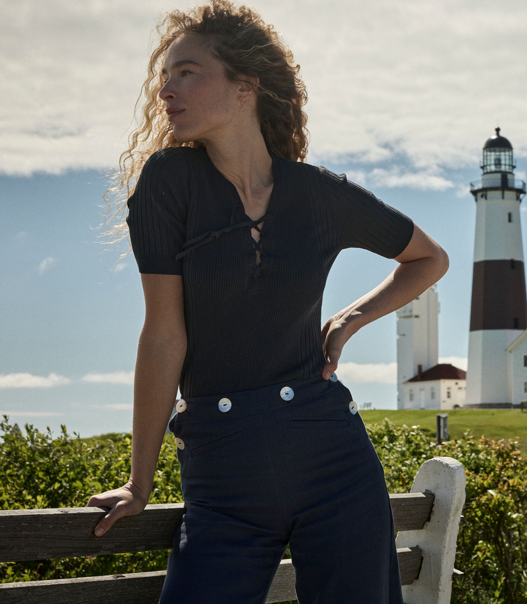 Auguste Navy Linen Blend Ribbed V-Neck Top with Pointelle Sleeve Details