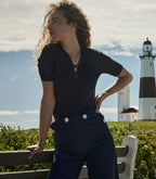 Chic Auguste Navy Stretchy Linen Blend Ribbed V-Neck Top with Tie