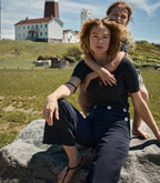 Auguste Navy Linen Blend Ribbed V-Neck Top with Pointelle Sleeve Details