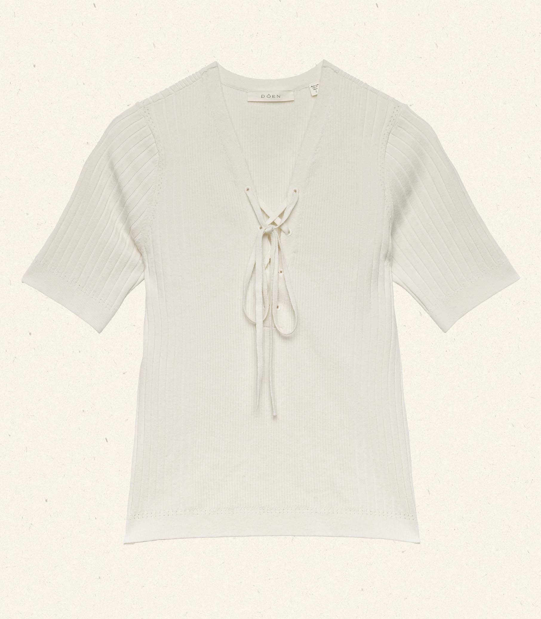 Elegant Auguste Creme Linen Blend Ribbed Top with Tie V-Neck