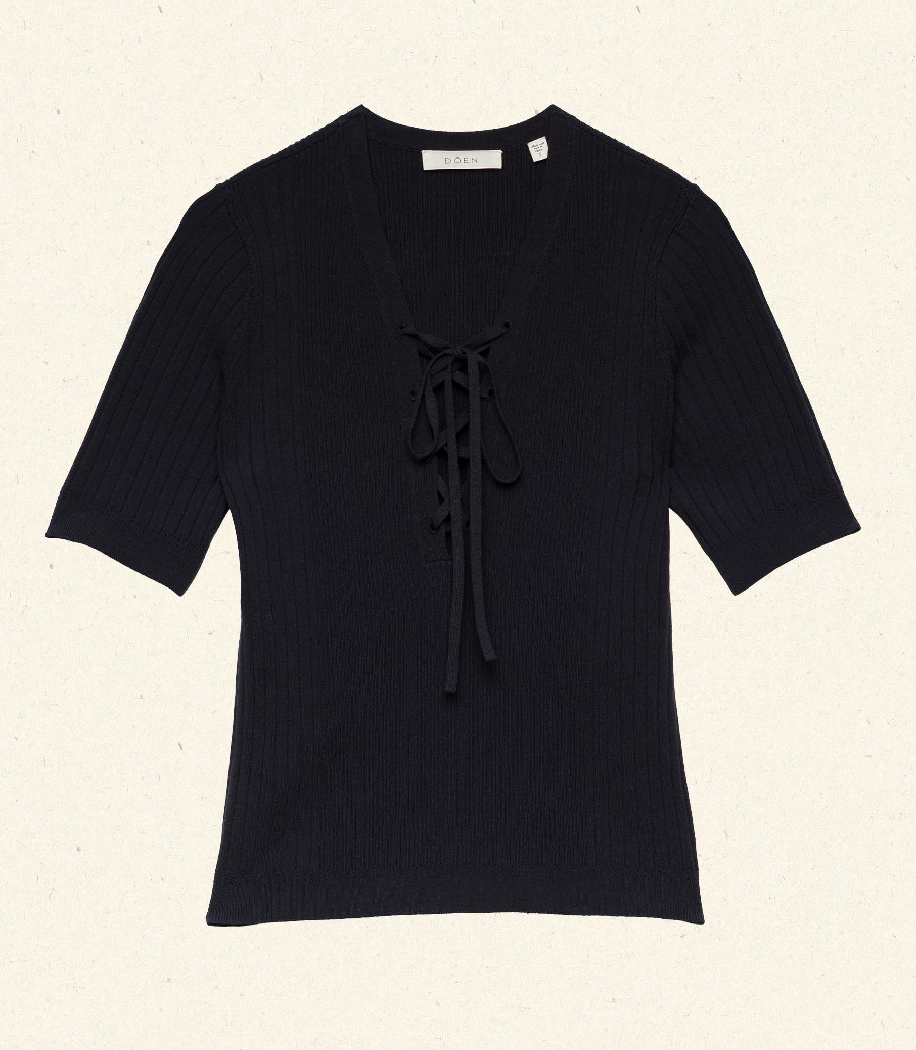 Auguste Navy Linen Blend Ribbed V-Neck Top with Pointelle Sleeve Details