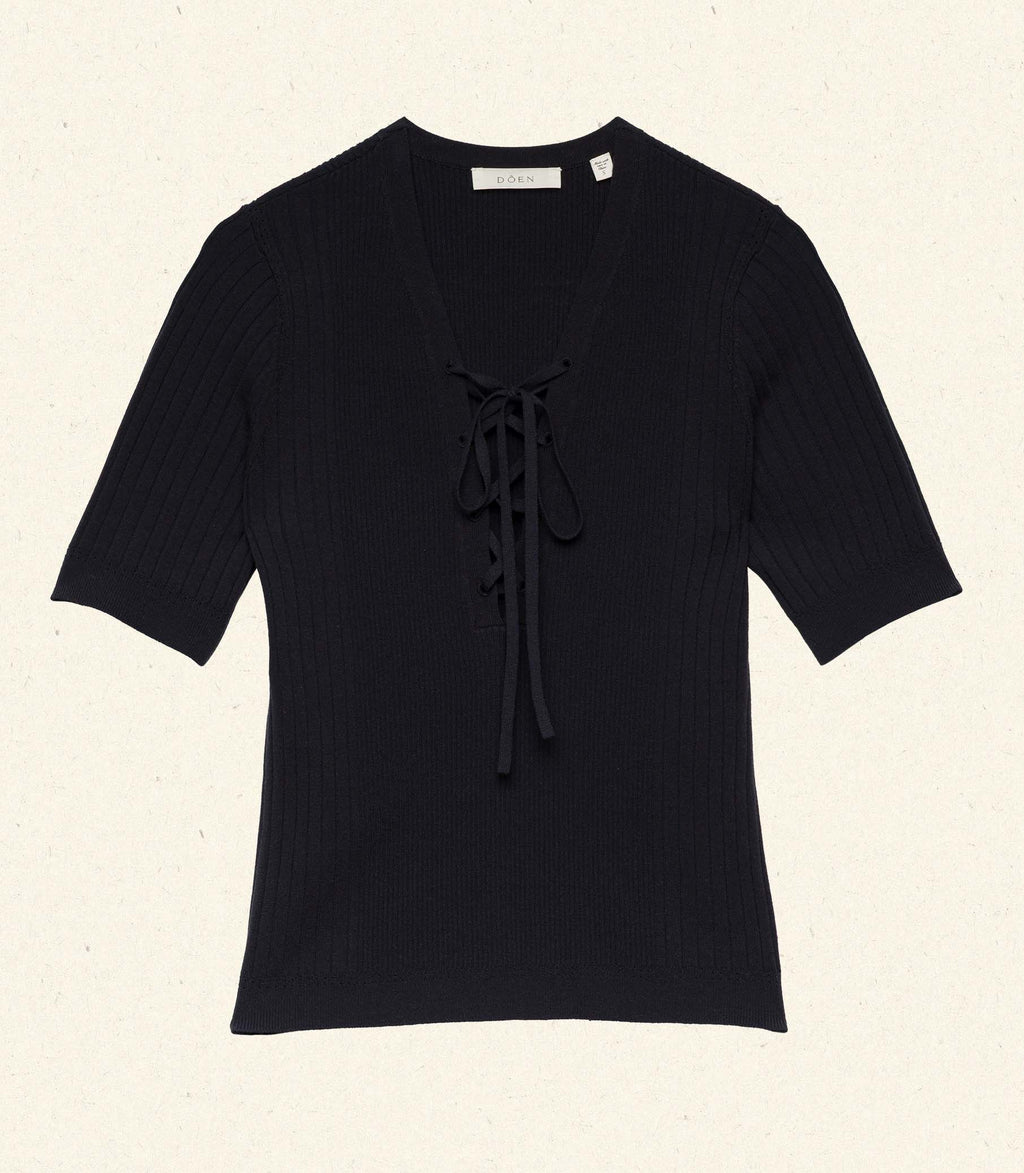 Chic Auguste Navy Stretchy Linen Blend Ribbed V-Neck Top with Tie