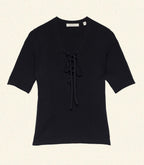 Chic Auguste Navy Stretchy Linen Blend Ribbed V-Neck Top with Tie