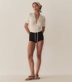 Auguste Stretchy Linen Blend Ribbed Top, V-Neck Tie, Elbow Sleeves