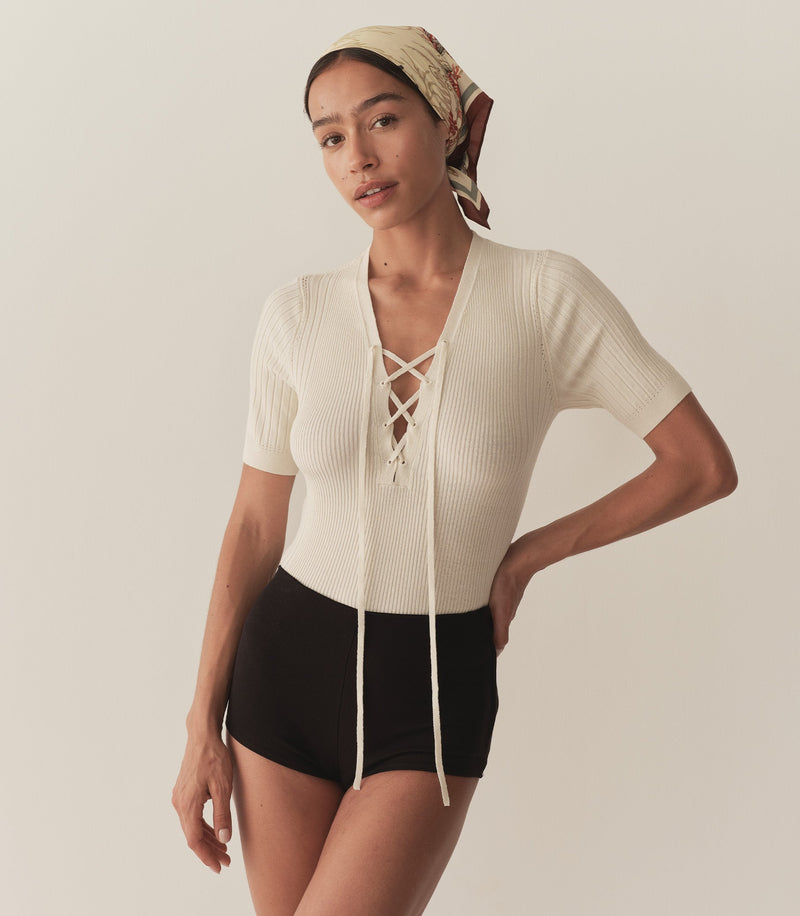 Elegant Auguste Creme Linen Blend Ribbed Top with Tie V-Neck
