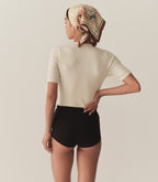 Elegant Auguste Creme Linen Blend Ribbed Top with Tie V-Neck