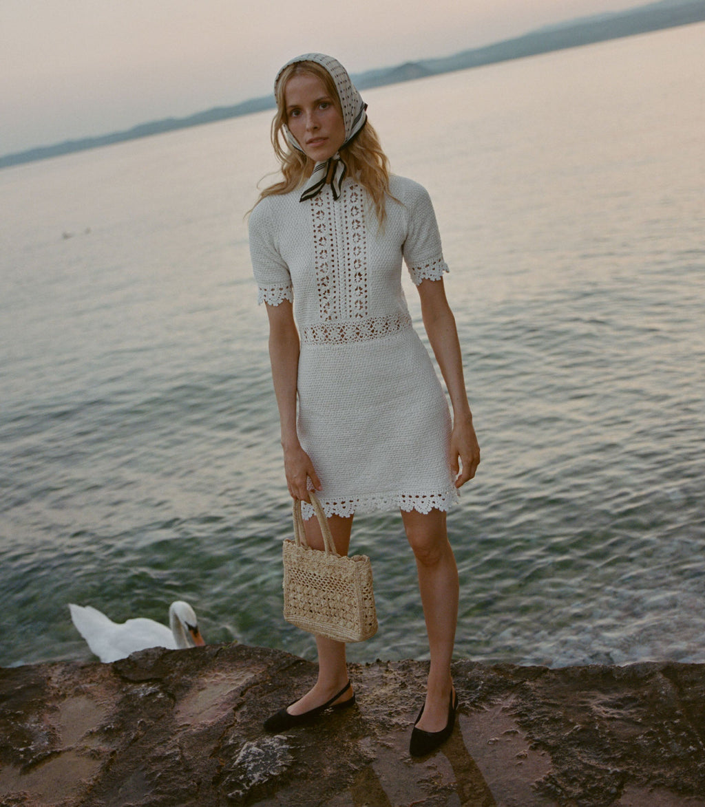 Elegant DÔEN Bathilde Pearl Hand-Crocheted Pima Cotton Mini Dress, Artisan Crafted