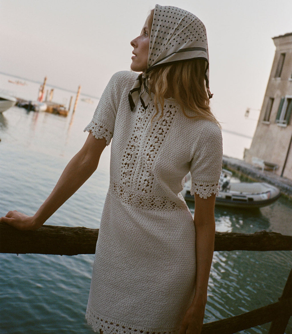 Elegant DÔEN Bathilde Pearl Hand-Crocheted Pima Cotton Mini Dress, Artisan Crafted