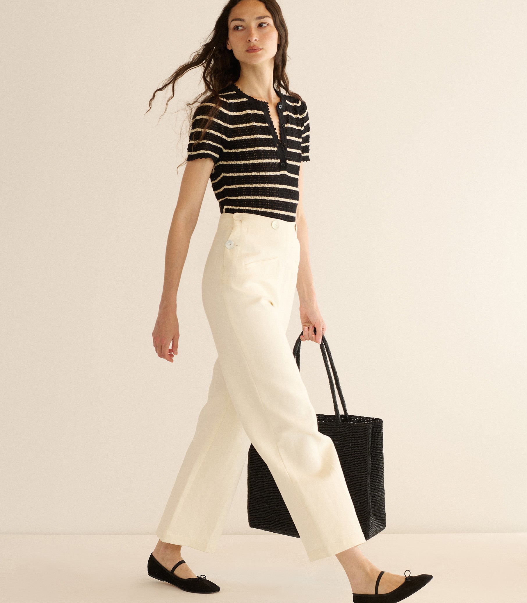 Vintage-Inspired Brandie Henley Top: Soft Pima Cotton Silk Stripe Pointelle Design