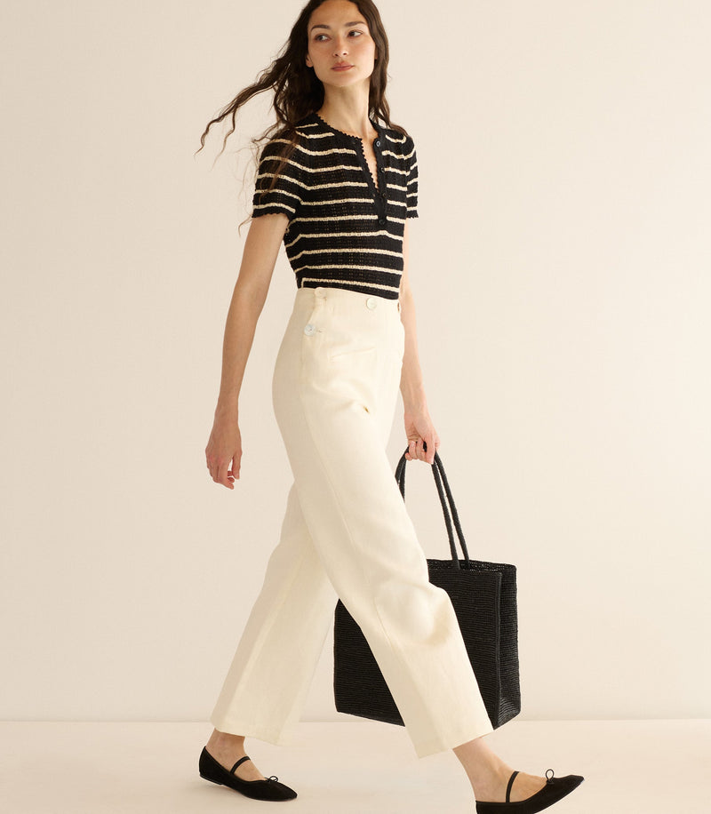 Vintage-Inspired Brandie Henley Top: Soft Pima Cotton Silk Stripe Pointelle Design
