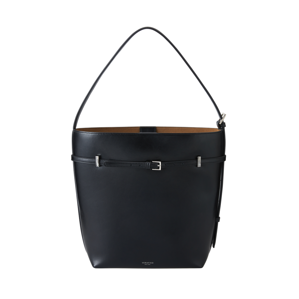 Chic Black Waxy Leather Belted Tote Bag, Versatile Shoulder Carry