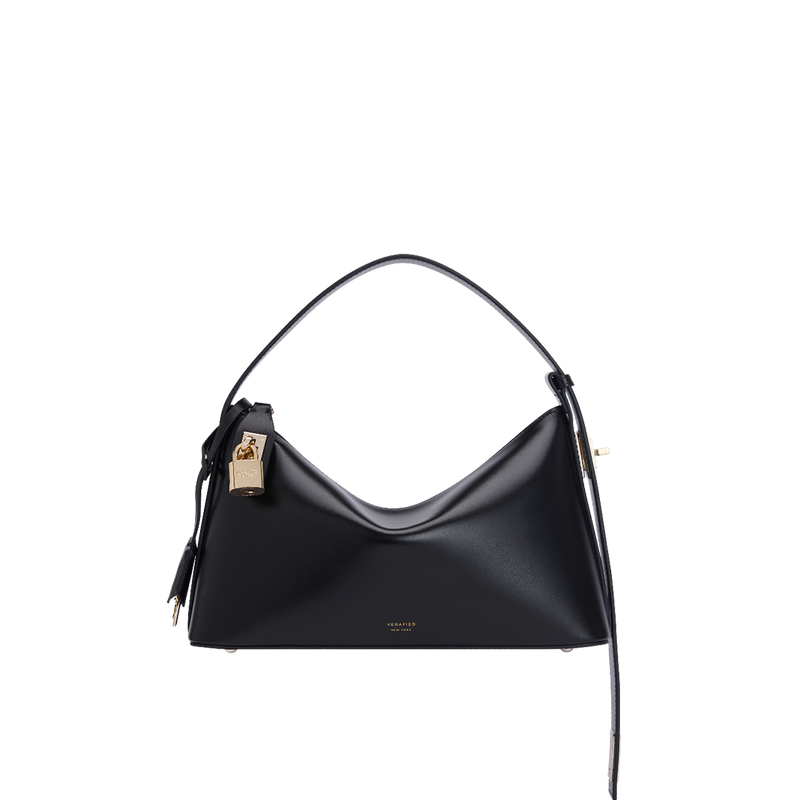 Elegant Gold Black Hobo Shoulder Bag: Versatile Calf Leather Handbag with Adjustable Strap