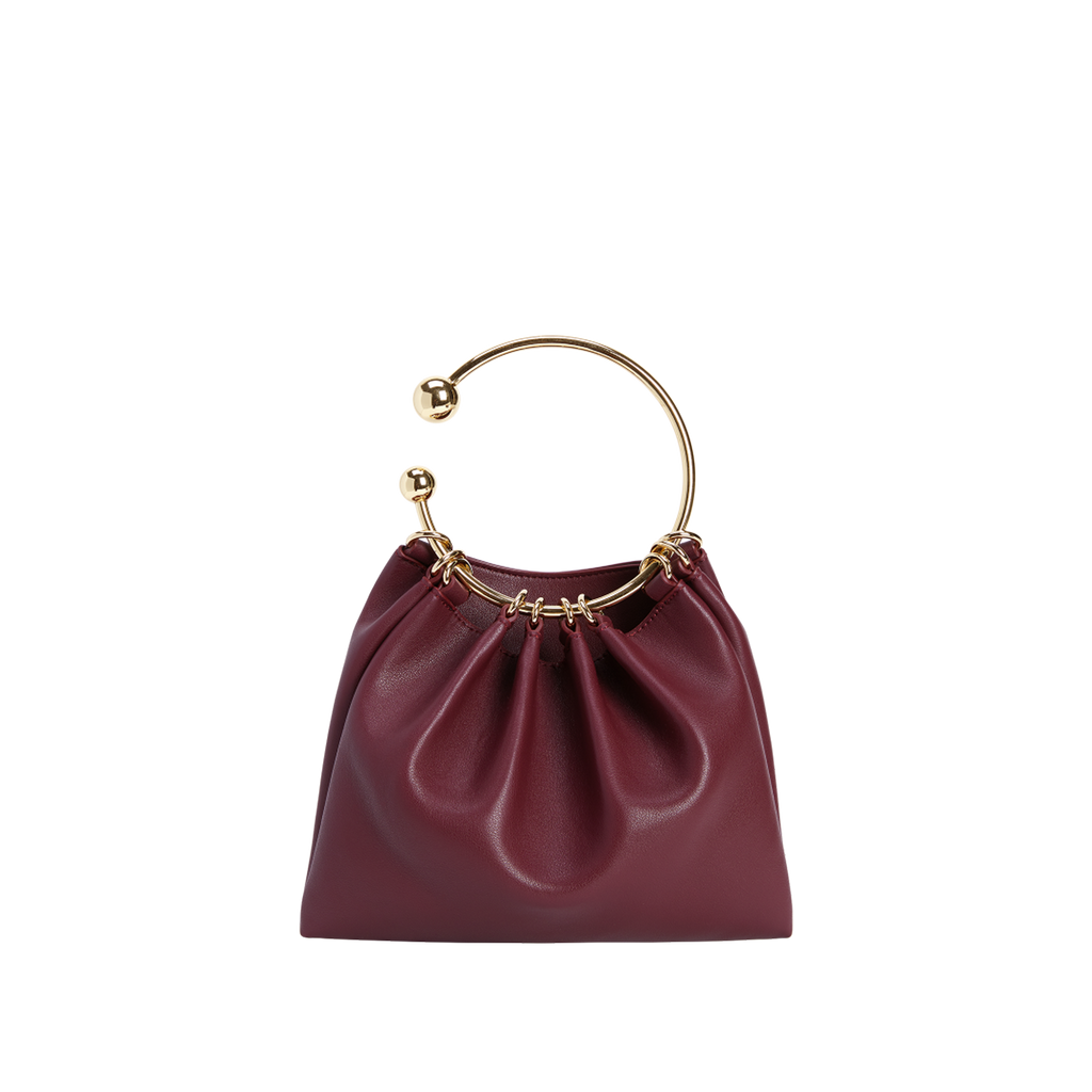 Chic Burgundy Genuine Leather Ring Handle Mini Evening Shoulder Bag for Women