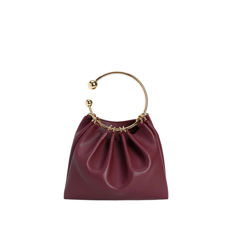 Chic Burgundy Genuine Leather Ring Handle Mini Evening Shoulder Bag for Women