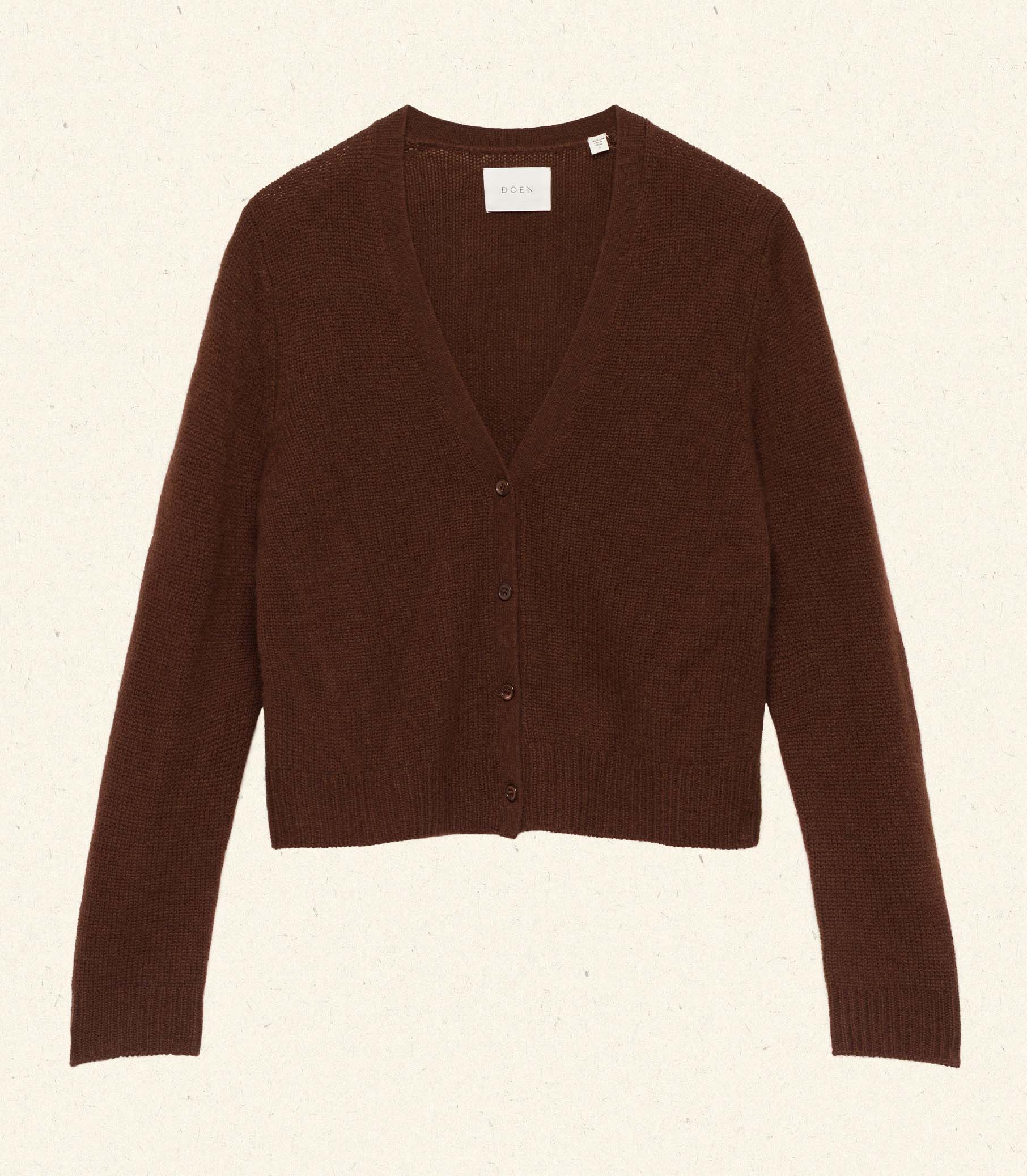 Luxurious 100% Cashmere V-Neck Cardigan Sweater: Fitted, Ribbed, Dark Umber