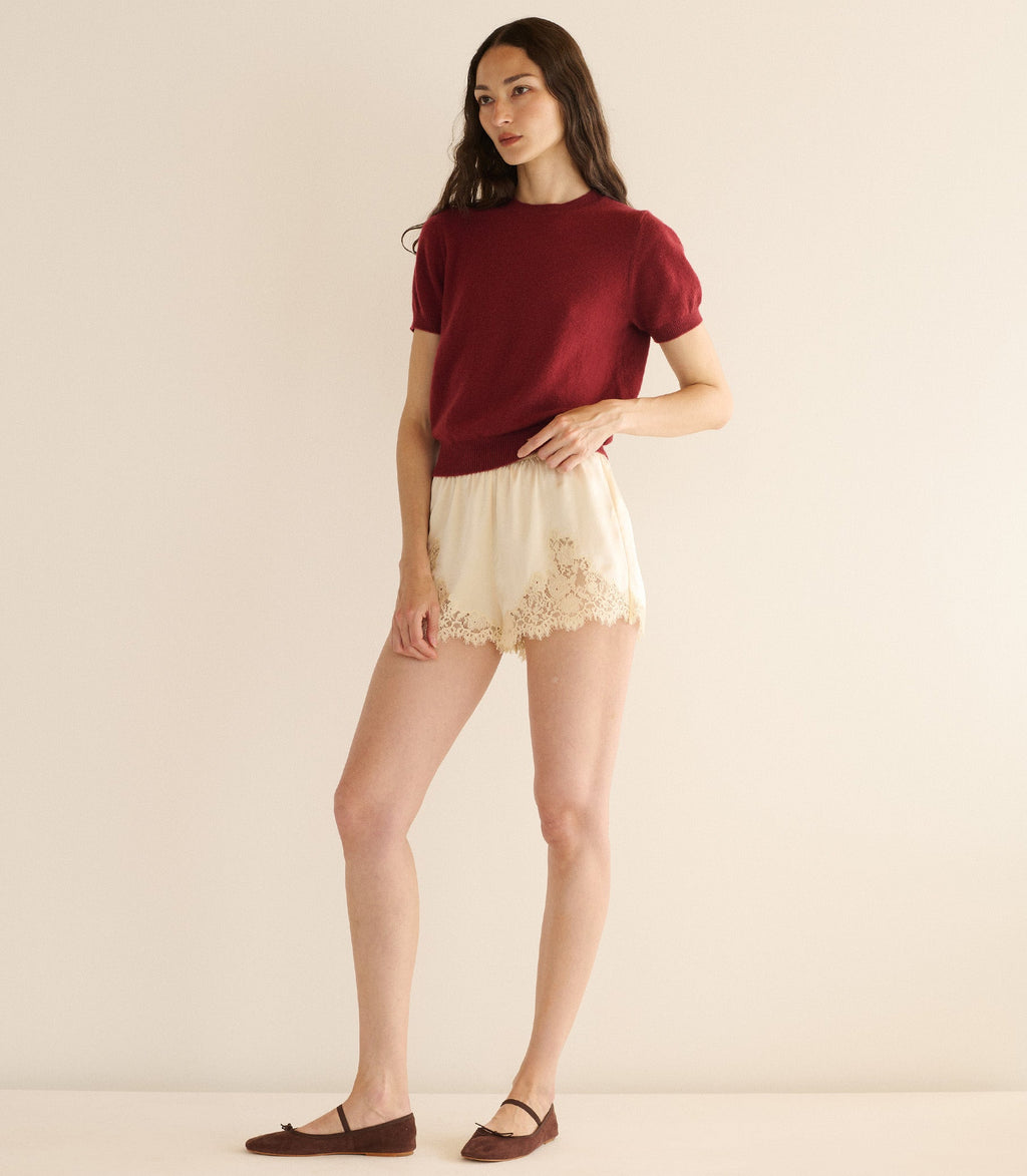 Luxurious Cloud-Soft Cashmere Mock Neck Top, Short Sleeve, Fitted, Ribbed Detail