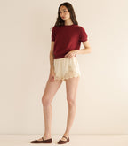 Luxurious Cloud-Soft Cashmere Mock Neck Top, Short Sleeve, Fitted, Ribbed Detail