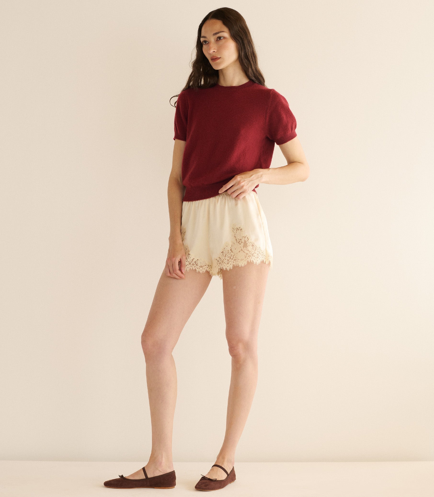 Luxurious Cloud-Soft Cashmere Mock Neck Top, Short Sleeve, Fitted, Ribbed Detail