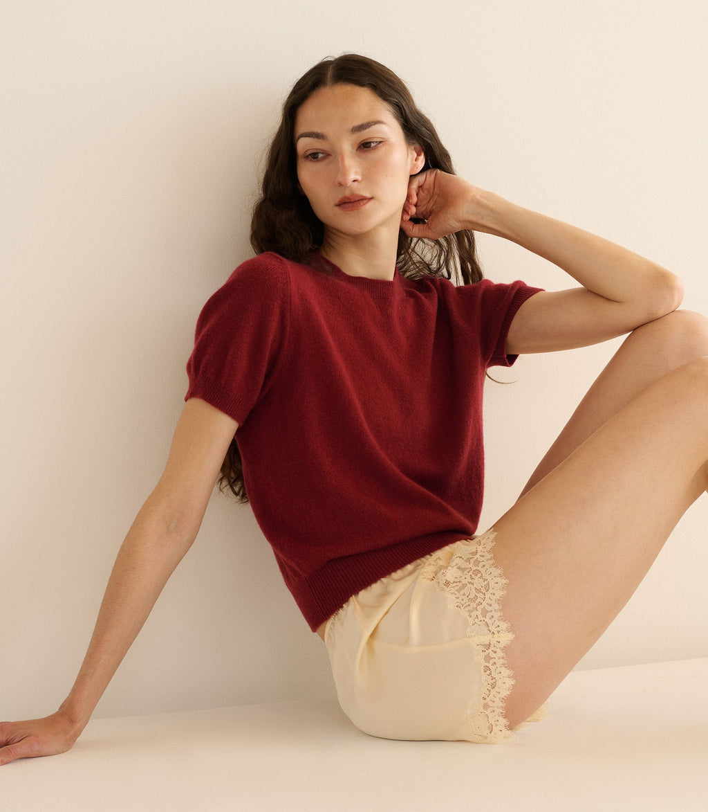 Luxurious Cloud-Soft Cashmere Mock Neck Top, Short Sleeve, Fitted, Ribbed Detail