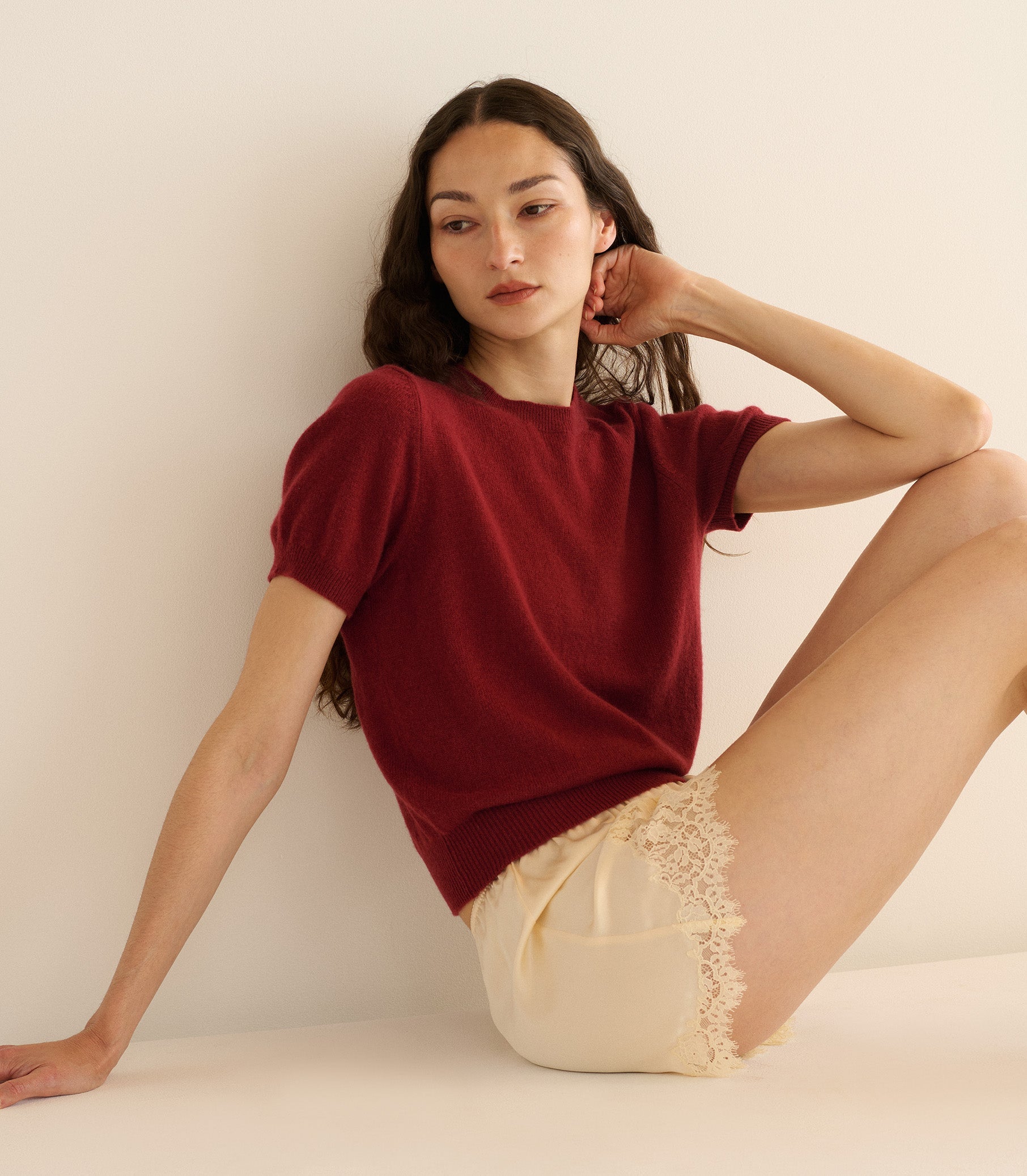 Luxurious Cloud-Soft Cashmere Mock Neck Top, Short Sleeve, Fitted, Ribbed Detail