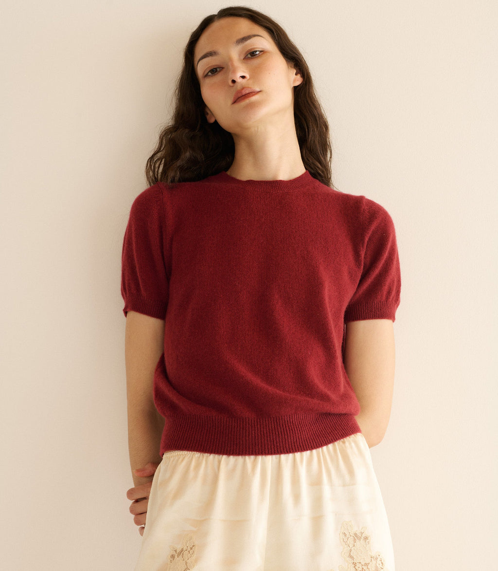 Luxurious Cloud-Soft Cashmere Mock Neck Top, Short Sleeve, Fitted, Ribbed Detail