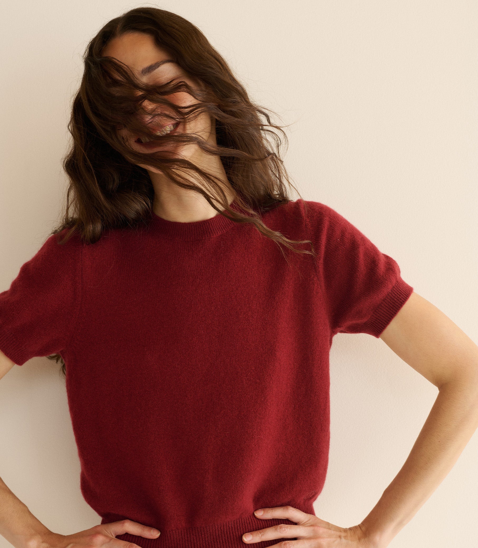 Luxurious Cloud-Soft Cashmere Mock Neck Top, Short Sleeve, Fitted, Ribbed Detail