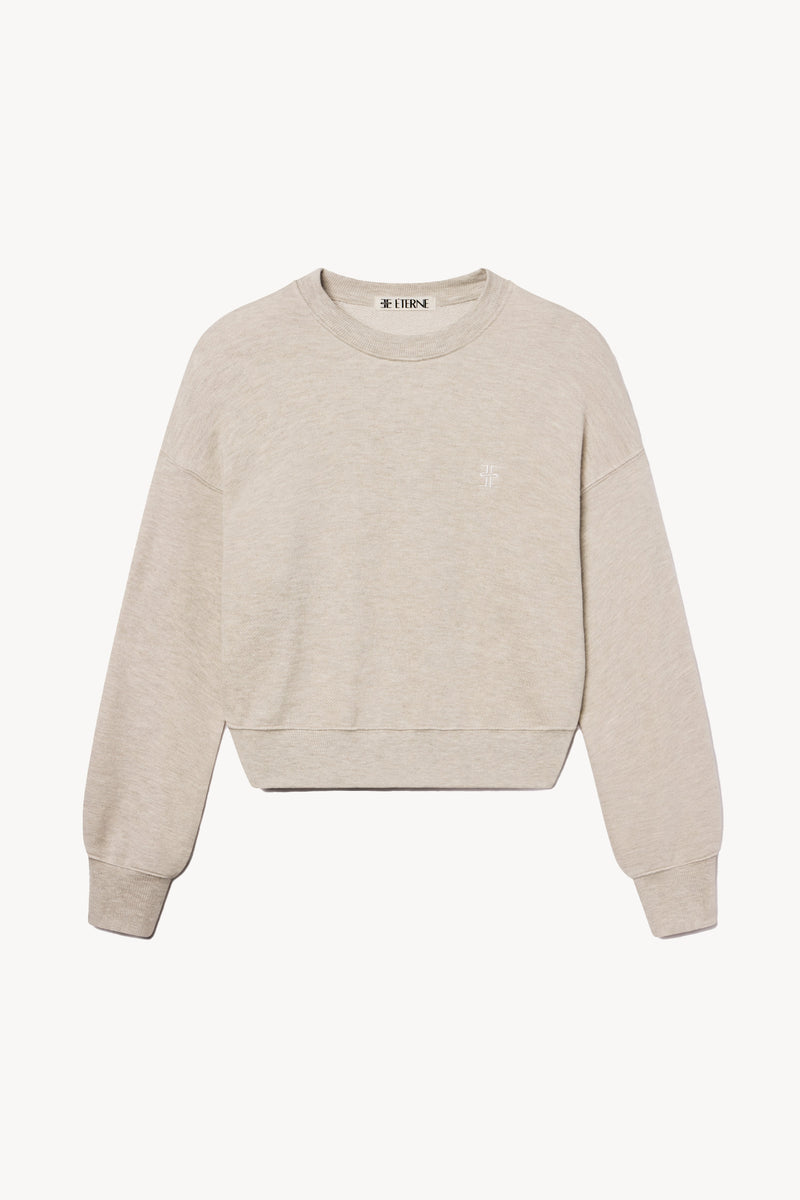 ÉTERNE Women's Heather Oatmeal Cropped Crewneck French Terry Sweatshirt Soft Relaxed Fit