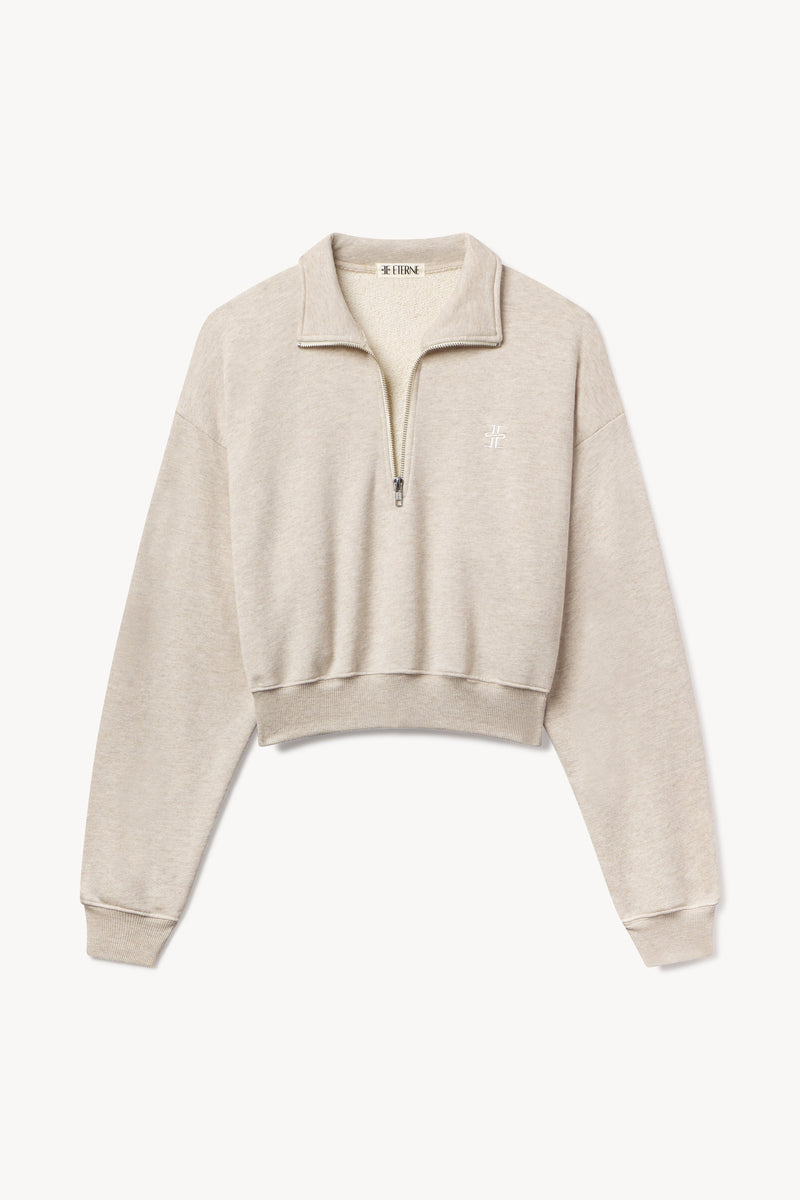 ÉTERNE Women's Heather Oatmeal Cropped Half-Zip French Terry Sweatshirt
