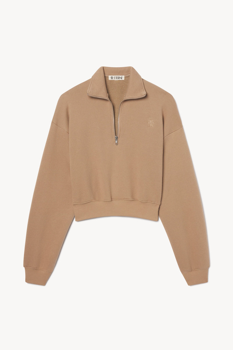 ÉTERNE Women's Cropped Half-Zip French Terry Sweatshirt, Relaxed Fit Taupe Top
