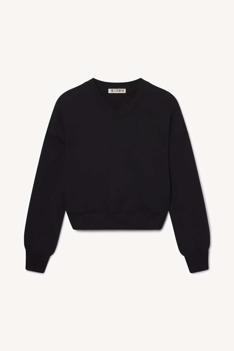 ÉTERNE Black Cropped V-Neck French Terry Sweatshirt for Women, Relaxed Fit