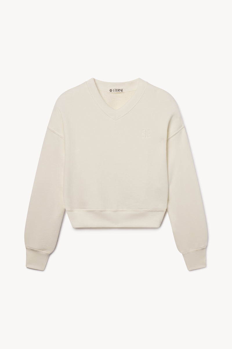 Women's Cream French Terry Cropped V-Neck Sweatshirt for Everyday Comfort