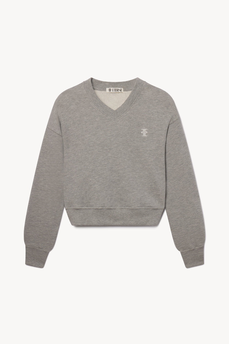 ÉTERNE Women's Heather Grey French Terry Cropped V-Neck Sweatshirt