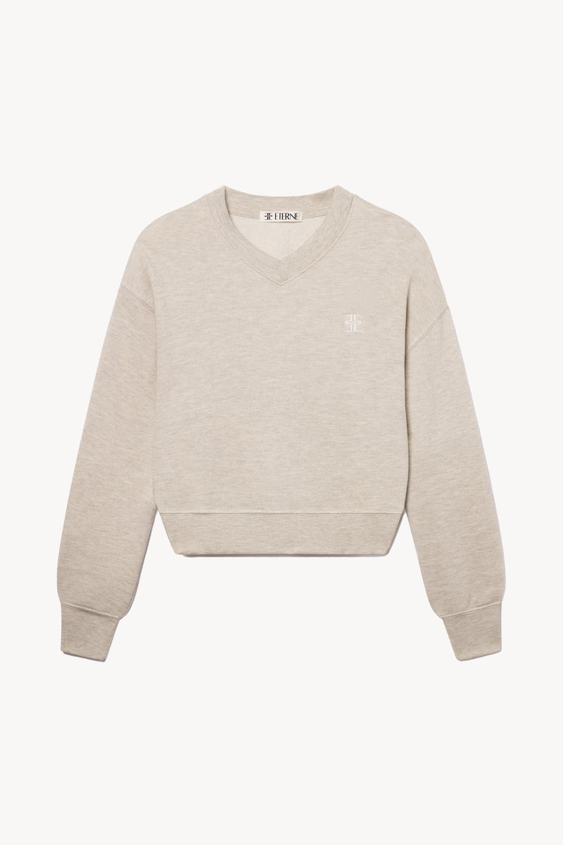 Soft French Terry Cropped V-Neck Sweatshirt Heather Oatmeal Relaxed Fit Everyday Comfort