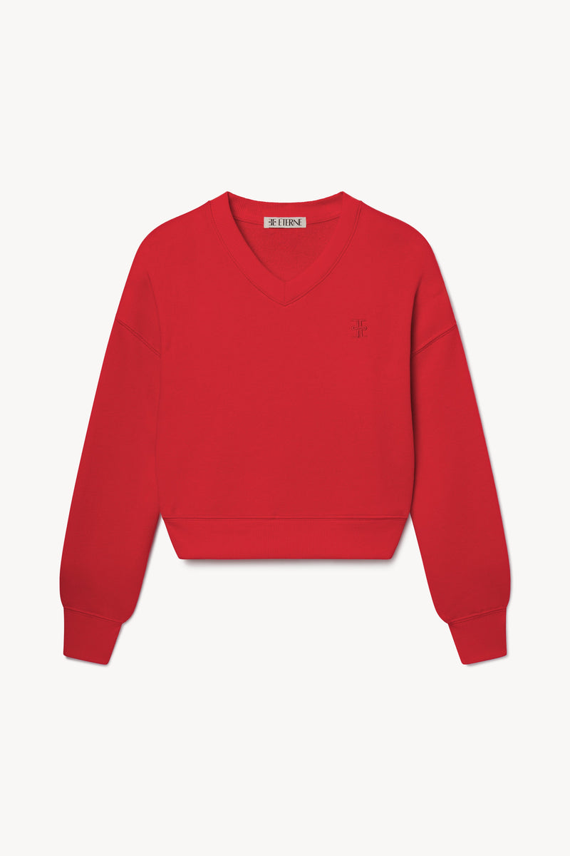 ÉTERNE Women's Cropped V-Neck Sweatshirt Rouge - Ultra-Soft French Terry Top