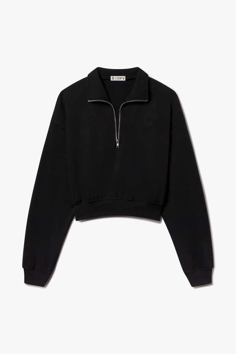 ÉTERNE Women's Black Cropped Half-Zip French Terry Sweatshirt for Everyday Wear